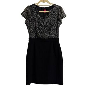 212 Collection Womens Black & White Abstract Print Ruffle V Neck Dress Size‎ 8